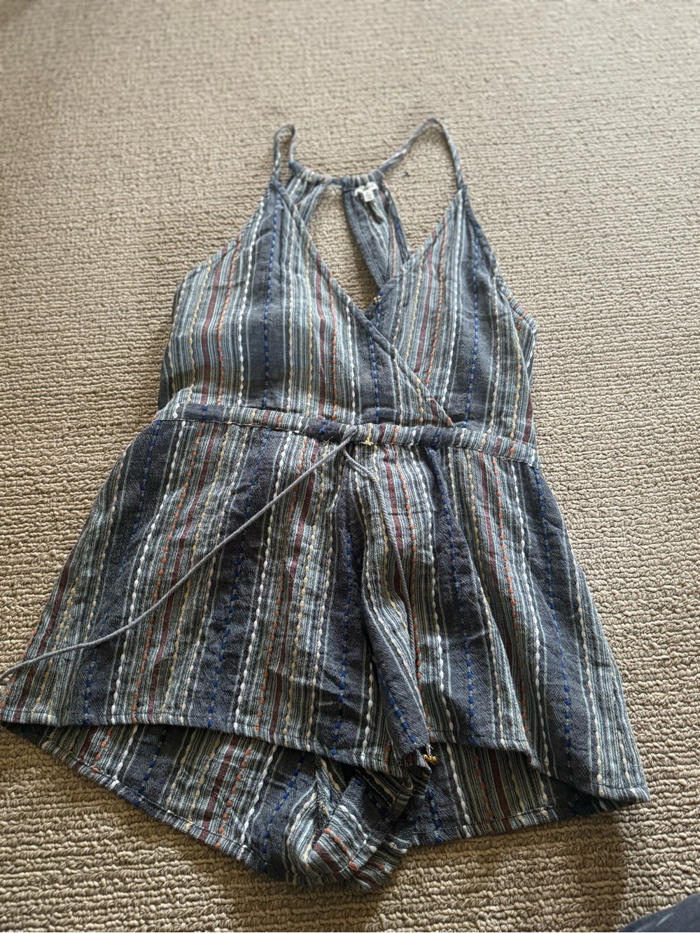 En Creme Blue Striped Sleeveless Romper